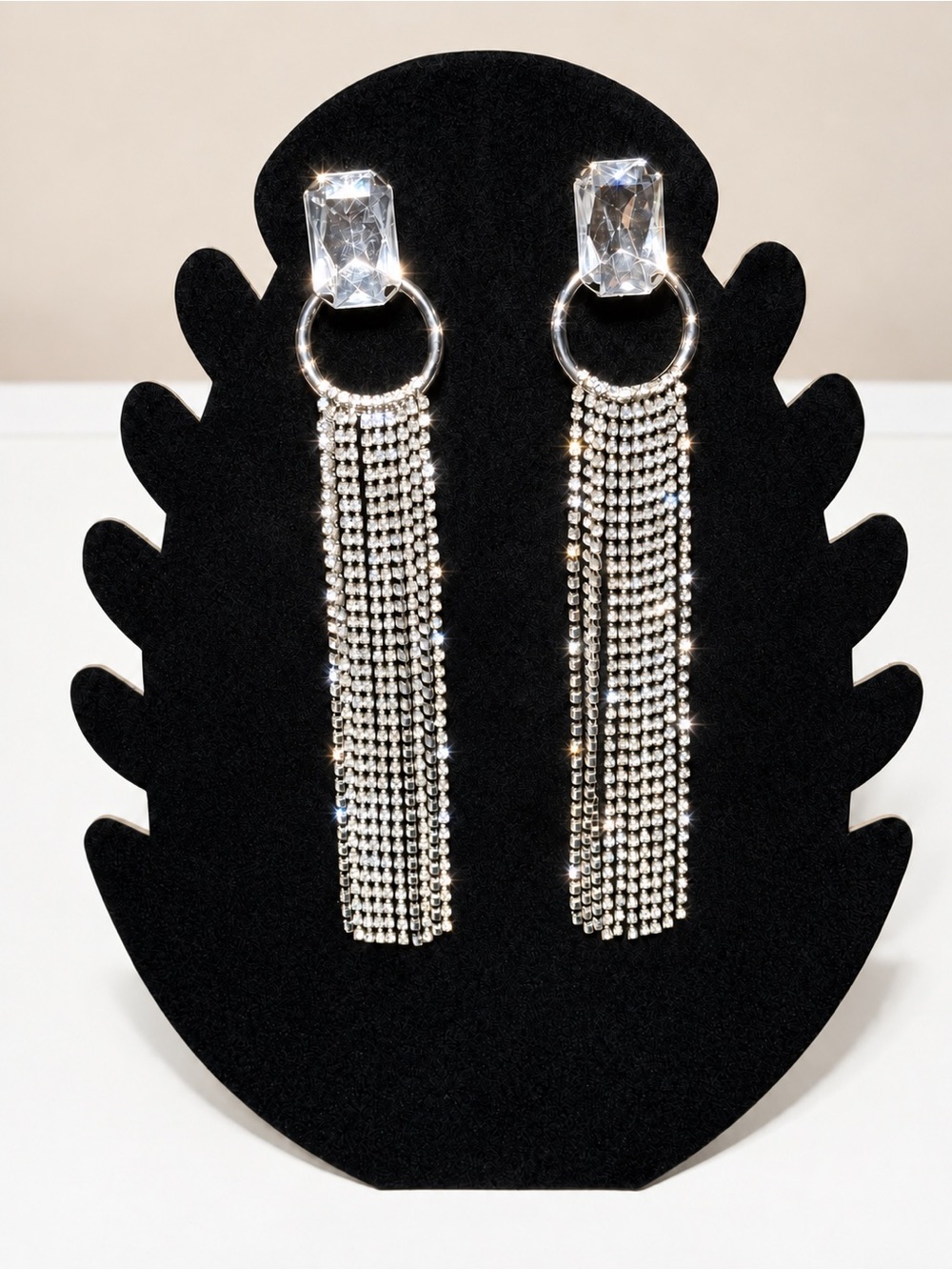 Long Silver Rhinestone Tassel Statement Earrings